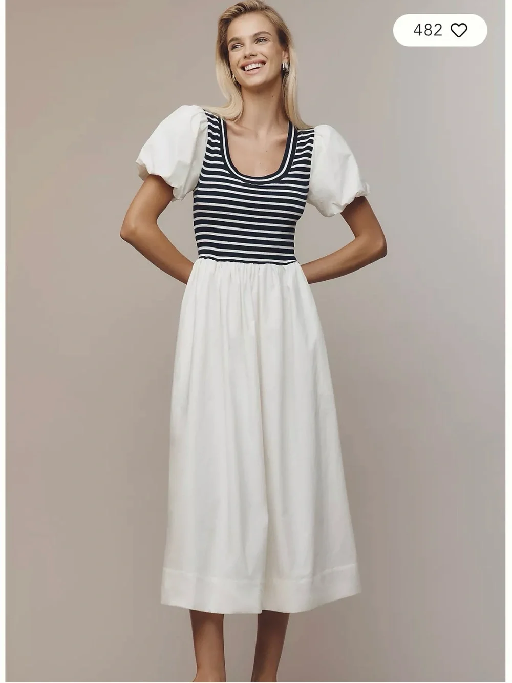 Maeve Striped Bodice Puff-Sleeve Midi Dress in White and Black - Picture 1 of 15